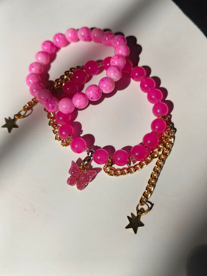 Pink butterfly charm bracelet set